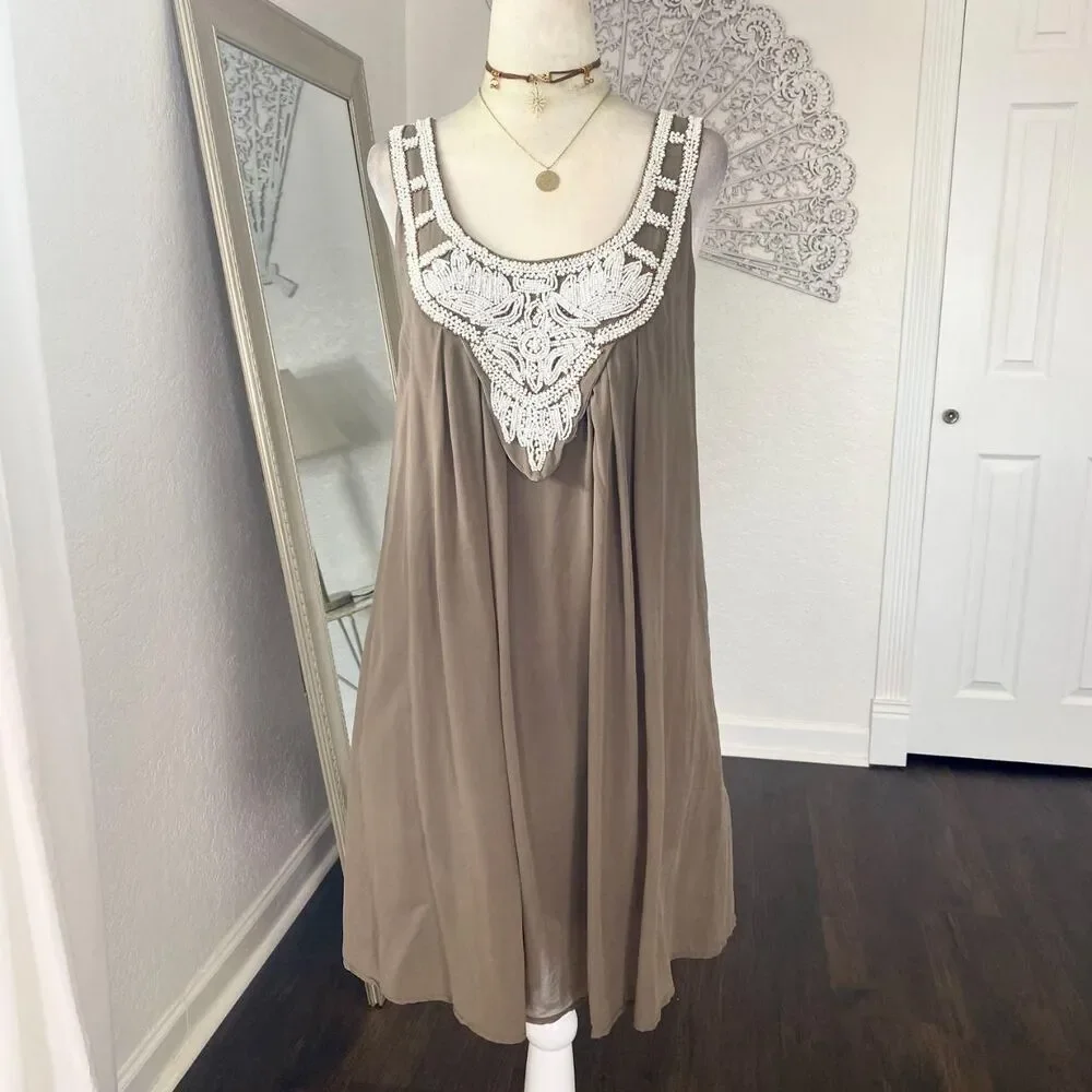 Boston Proper Taupe Silk Beaded Siren Mermaid Babydoll Mini Dress US 6 / S
